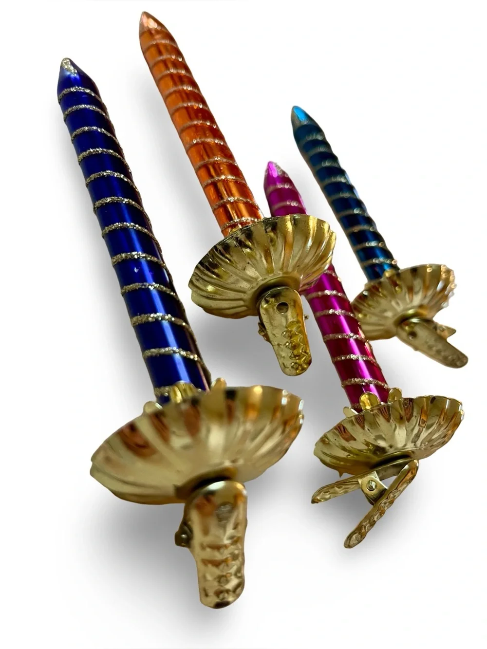 Vintage Glass Candle Tree Ornaments Multi Color Gold Glitter Clip On Set of 4